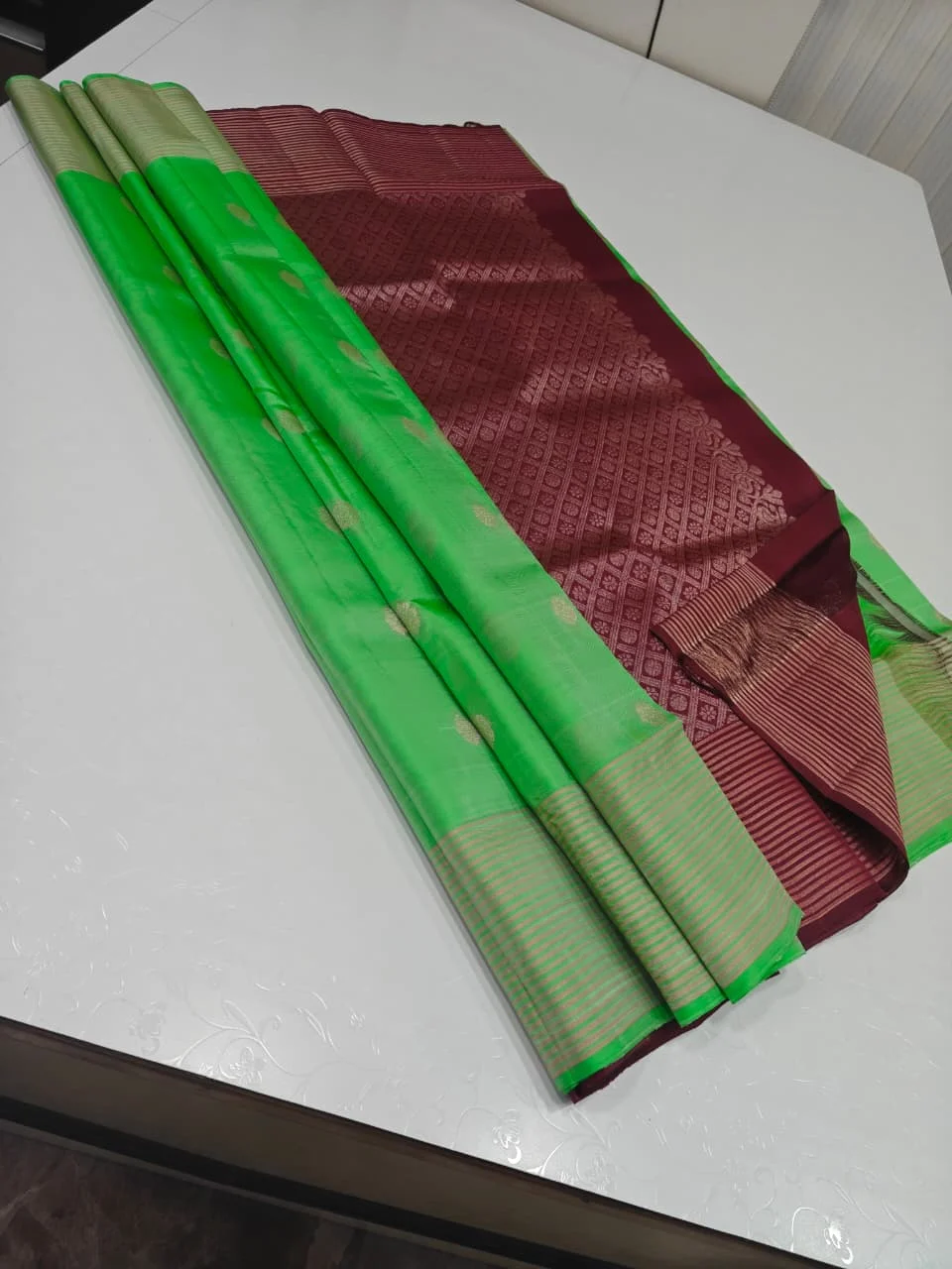 Parrot Green with Maroon Round Coin Butta and Stripe Border Soft Silk Saree